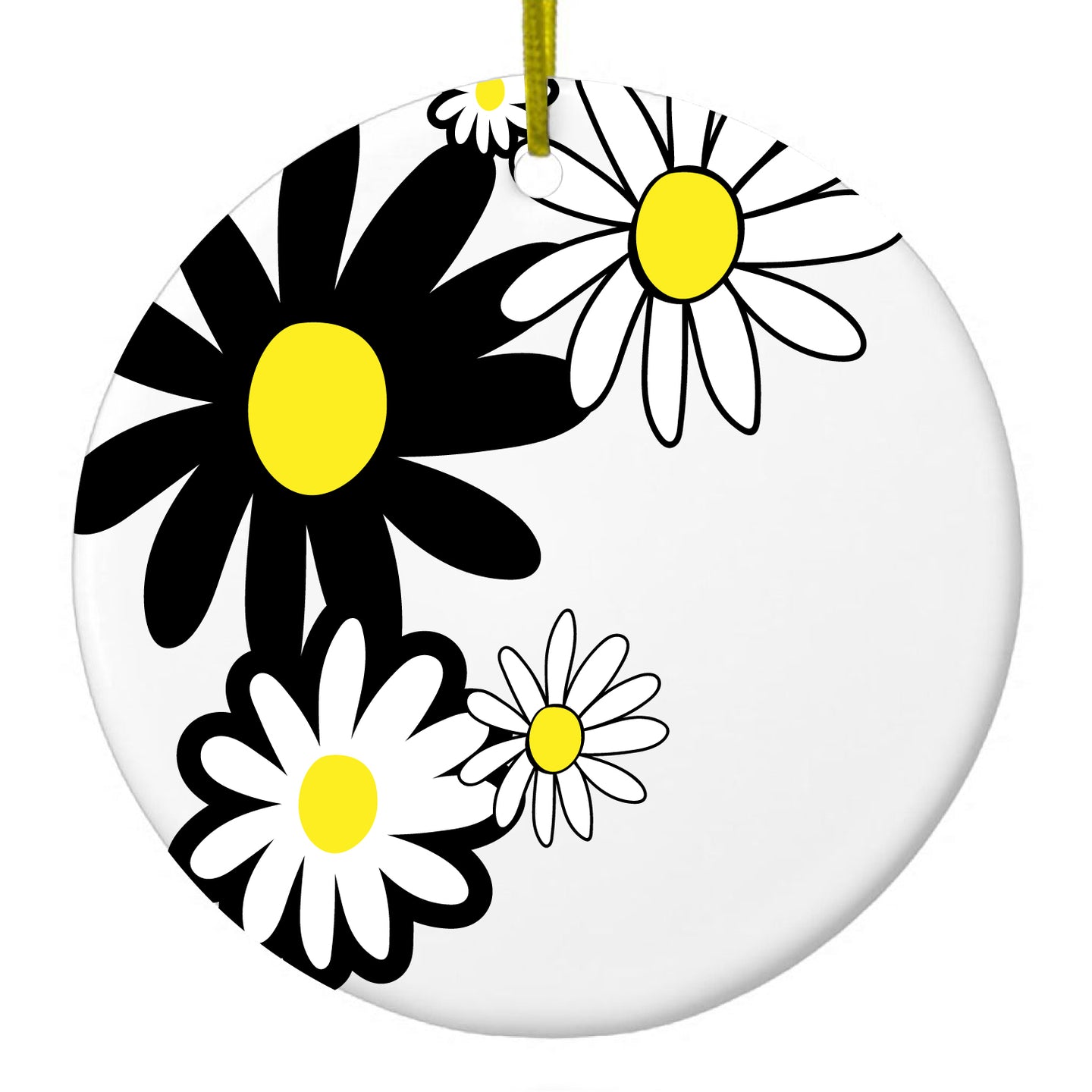 DistinctInk® Hanging Ceramic Christmas Tree Ornament with Gold String - Great Gift / Present - 2 3/4 inch Diameter - Black & Yellow Modern Daisies