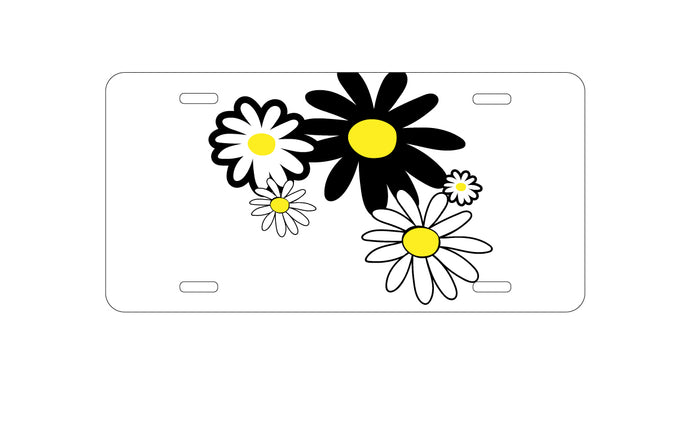 DistinctInk Custom Aluminum Decorative Vanity Front License Plate - Black & Yellow Modern Daisies