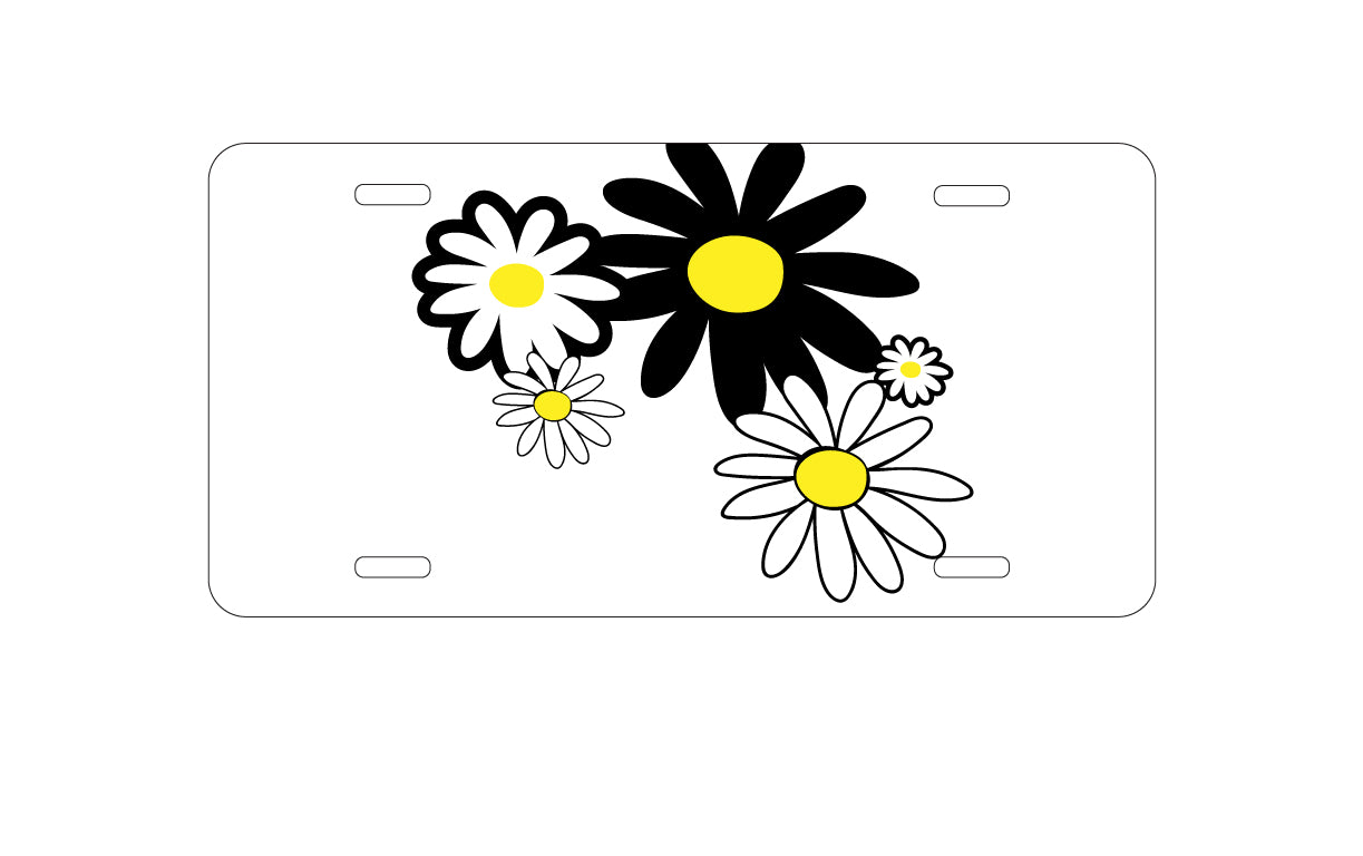 DistinctInk Custom Aluminum Decorative Vanity Front License Plate - Black & Yellow Modern Daisies