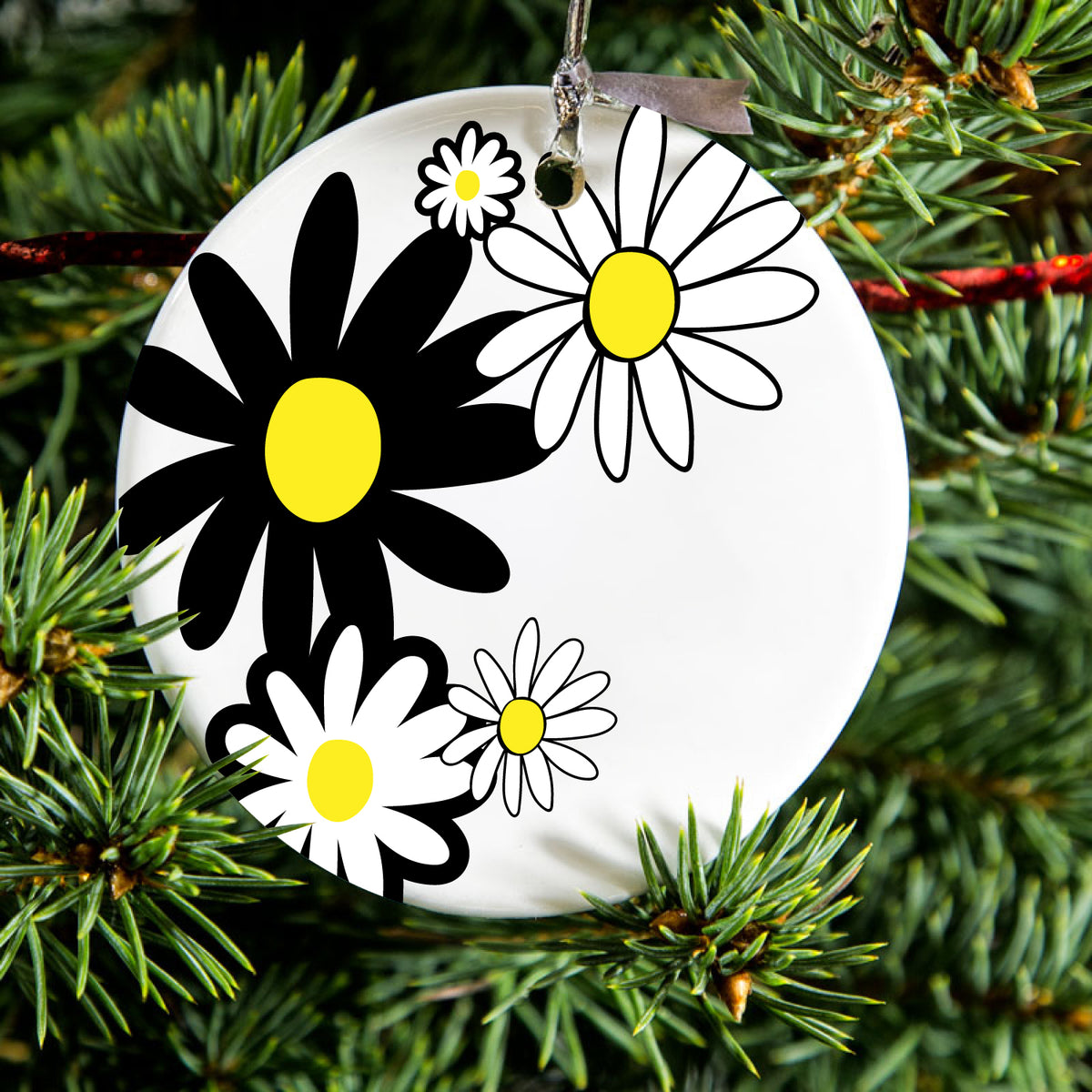 Black & Yellow Modern Daisies Ceramic Ornament, view 2