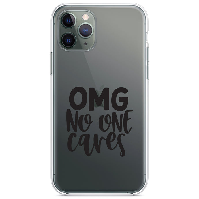 DistinctInk® Clear Shockproof Hybrid Case for Apple iPhone / Samsung Galaxy / Google Pixel - OMG No One Cares - Black