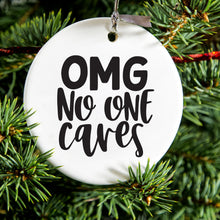 DistinctInk® Hanging Ceramic Christmas Tree Ornament with Gold String - Great Gift / Present - 2 3/4 inch Diameter - OMG No One Cares - Black