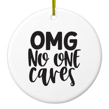 DistinctInk® Hanging Ceramic Christmas Tree Ornament with Gold String - Great Gift / Present - 2 3/4 inch Diameter - OMG No One Cares - Black