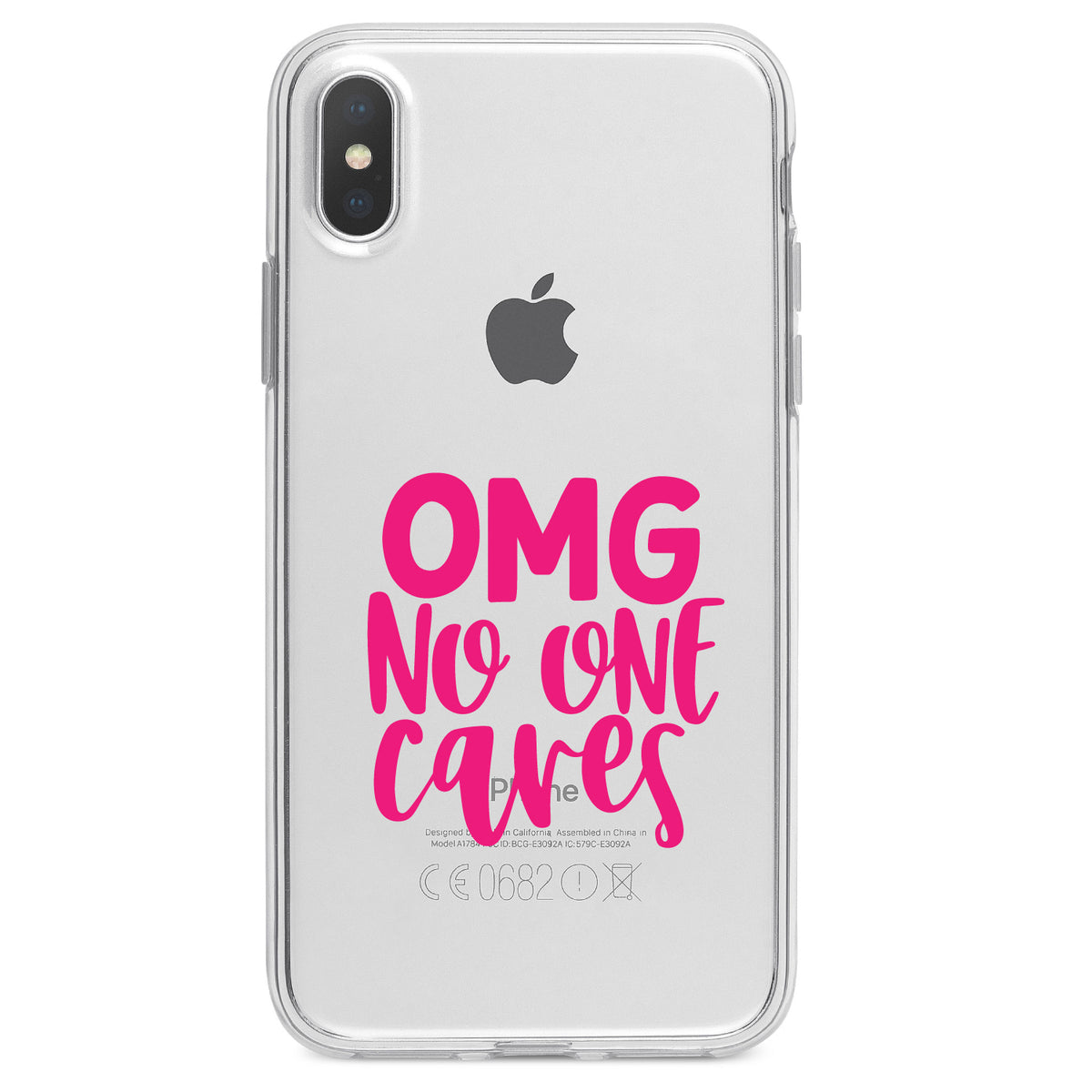 OMG No One Cares, Hot Pink Clear Shockproof iPhone Case, view 2