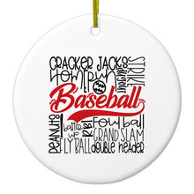 DistinctInk® Hanging Ceramic Christmas Tree Ornament with Gold String - Great Gift / Present - 2 3/4 inch Diameter - Baseball Word Art - Black & Red