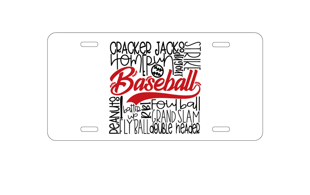 Custom Aluminum Decorative Vanity Front License Plate - Baseball Word Art - Black & Red