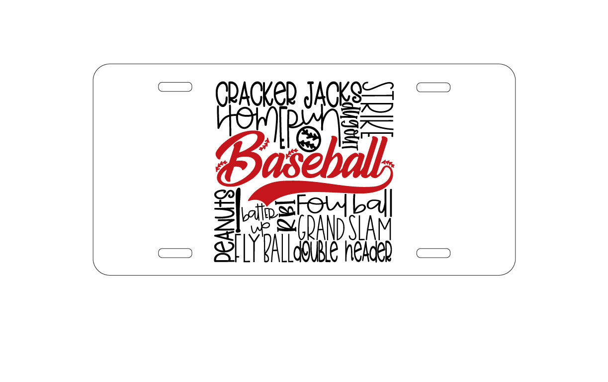 DistinctInk Custom Aluminum Decorative Vanity Front License Plate - Baseball Word Art - Black & Red