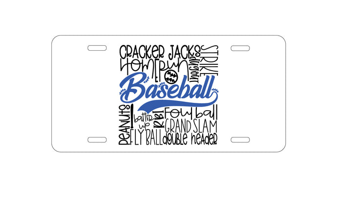 DistinctInk Custom Aluminum Decorative Vanity Front License Plate - Baseball Word Art - Black & Blue