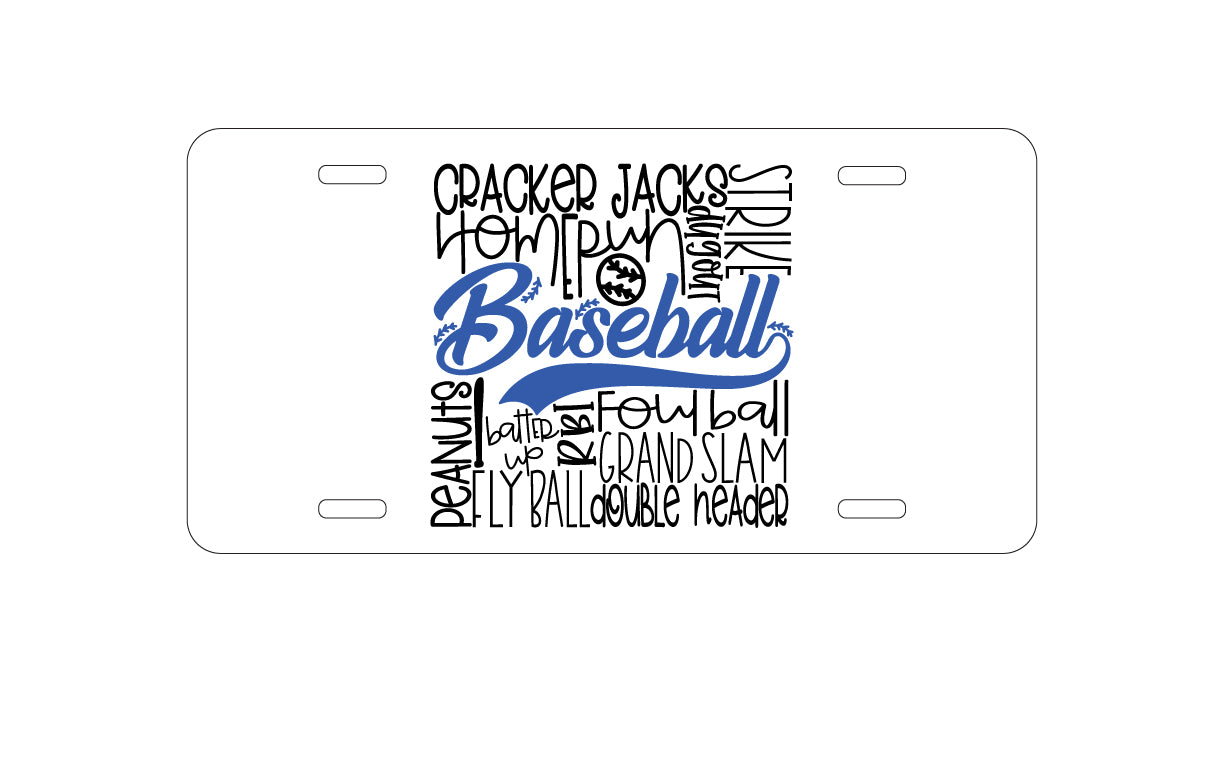 DistinctInk Custom Aluminum Decorative Vanity Front License Plate - Baseball Word Art - Black & Blue