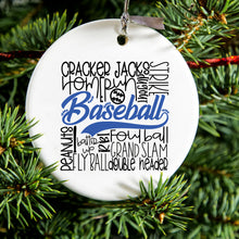 DistinctInk® Hanging Ceramic Christmas Tree Ornament with Gold String - Great Gift / Present - 2 3/4 inch Diameter - Baseball Word Art - Black & Blue