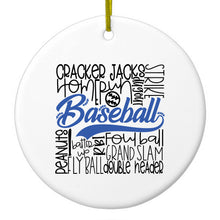 DistinctInk® Hanging Ceramic Christmas Tree Ornament with Gold String - Great Gift / Present - 2 3/4 inch Diameter - Baseball Word Art - Black & Blue