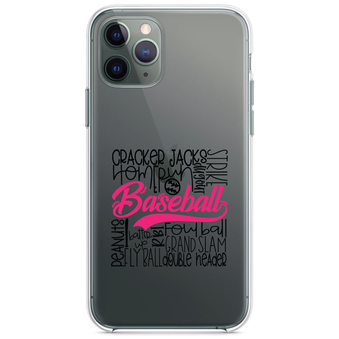 DistinctInk® Clear Shockproof Hybrid Case for Apple iPhone / Samsung Galaxy / Google Pixel - Baseball Word Art - Black & Pink