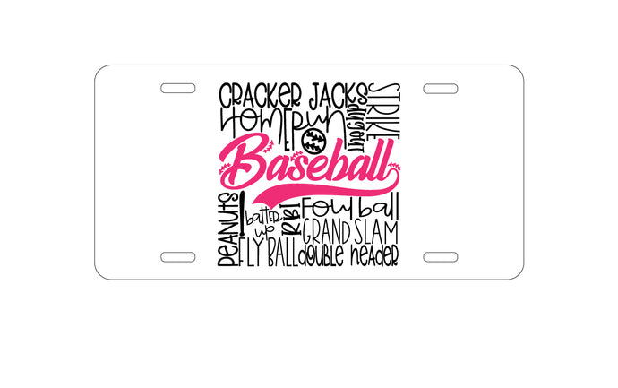 DistinctInk Custom Aluminum Decorative Vanity Front License Plate - Baseball Word Art - Black & Pink
