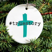 DistinctInk® Hanging Ceramic Christmas Tree Ornament with Gold String - Great Gift / Present - 2 3/4 inch Diameter - #truestory - Cross - Christian - Teal