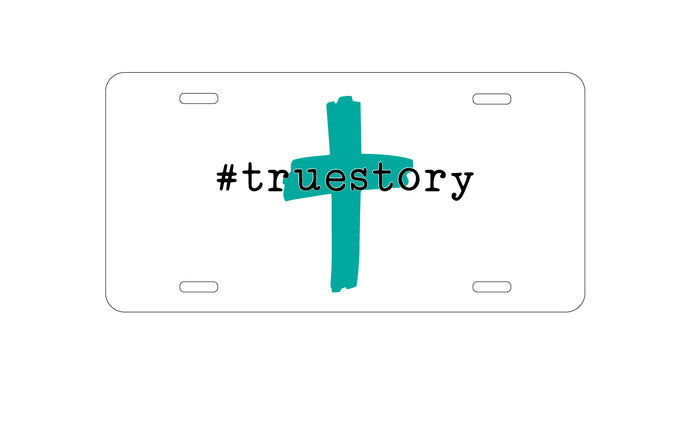 DistinctInk Custom Aluminum Decorative Vanity Front License Plate - #truestory - Cross - Christian - Teal