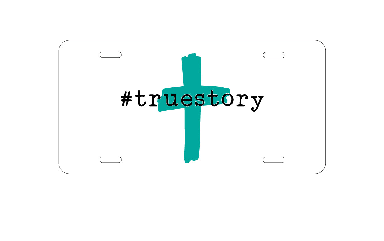 DistinctInk Custom Aluminum Decorative Vanity Front License Plate - #truestory - Cross - Christian - Teal