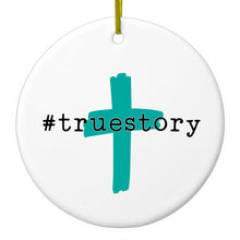 DistinctInk® Hanging Ceramic Christmas Tree Ornament with Gold String - Great Gift / Present - 2 3/4 inch Diameter - #truestory - Cross - Christian - Teal