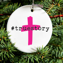 DistinctInk® Hanging Ceramic Christmas Tree Ornament with Gold String - Great Gift / Present - 2 3/4 inch Diameter - #truestory - Cross - Christian - Hot Pink