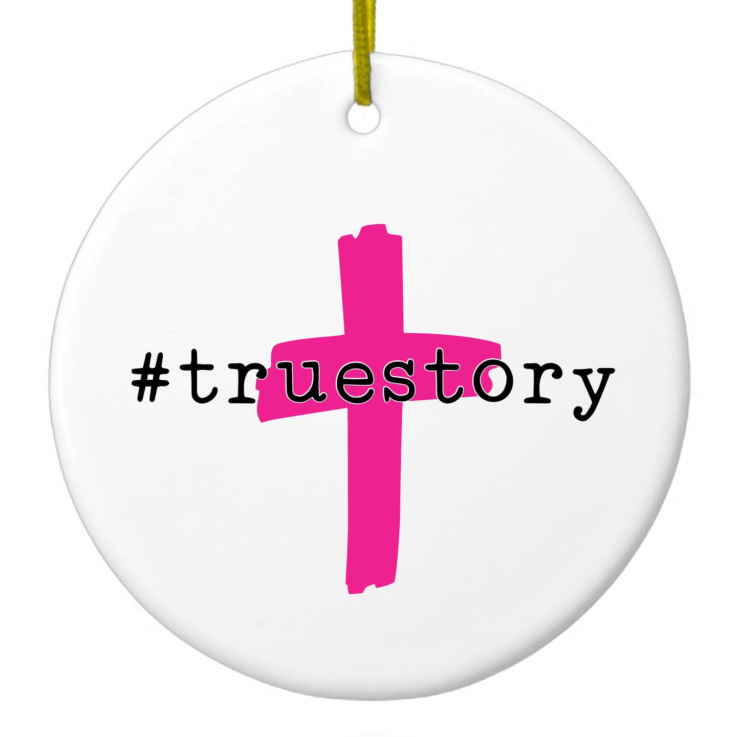 DistinctInk® Hanging Ceramic Christmas Tree Ornament with Gold String - Great Gift / Present - 2 3/4 inch Diameter - #truestory - Cross - Christian - Hot Pink