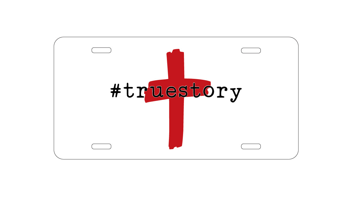 DistinctInk Custom Aluminum Decorative Vanity Front License Plate - #truestory - Cross - Christian - Red