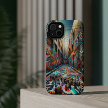 DistinctInk Tough Case for Apple iPhone, Compatible with MagSafe Charging - "Urban Kaleidoscope: Vibrant Street Art Transforms City Landscape"