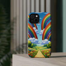 DistinctInk Tough Case for Apple iPhone, Compatible with MagSafe Charging - "Whimsical Rainbows Over Lively Pastoral Landscape"