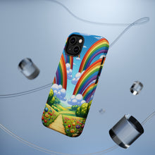 DistinctInk Tough Case for Apple iPhone, Compatible with MagSafe Charging - "Whimsical Rainbows Over Lively Pastoral Landscape"