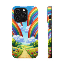 DistinctInk Tough Case for Apple iPhone, Compatible with MagSafe Charging - "Whimsical Rainbows Over Lively Pastoral Landscape"
