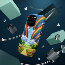 DistinctInk Tough Case for Apple iPhone, Compatible with MagSafe Charging - "Whimsical Rainbows Over Lively Pastoral Landscape"