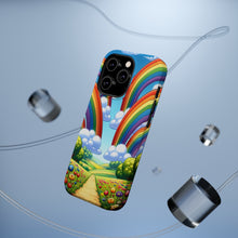 DistinctInk Tough Case for Apple iPhone, Compatible with MagSafe Charging - "Whimsical Rainbows Over Lively Pastoral Landscape"