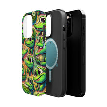 DistinctInk Tough Case for Apple iPhone, Compatible with MagSafe Charging - "Whimsical Alligator Paradise: Playful, Colorful Pattern"