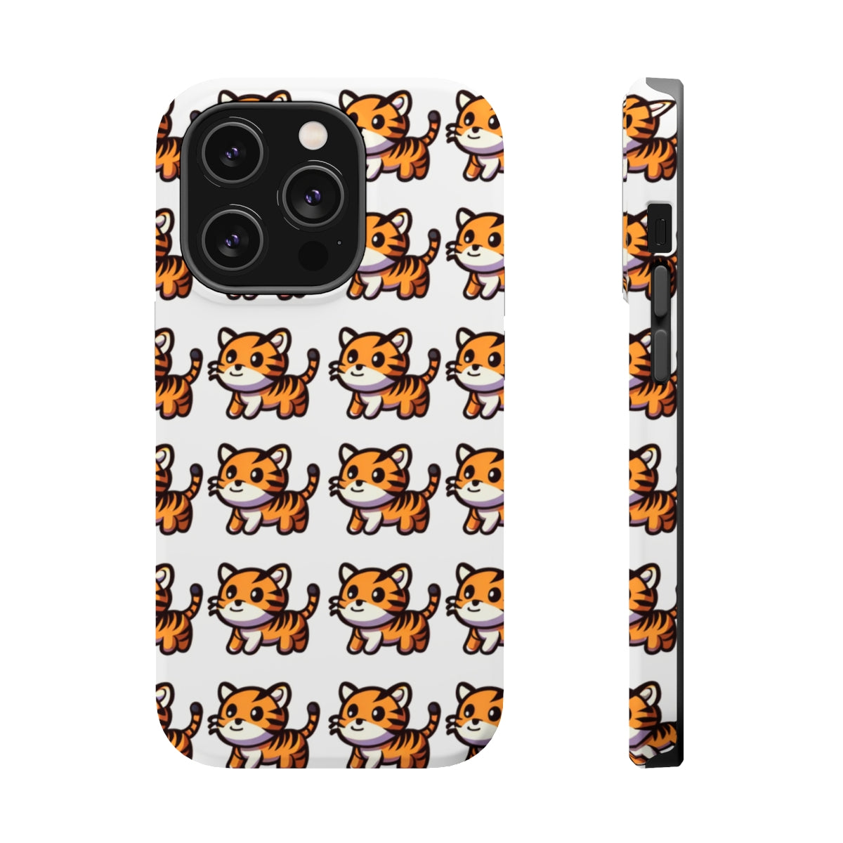 DistinctInk Tough Case for Apple iPhone, Compatible with MagSafe Charging - Playful Tiger Pattern on Blank Background