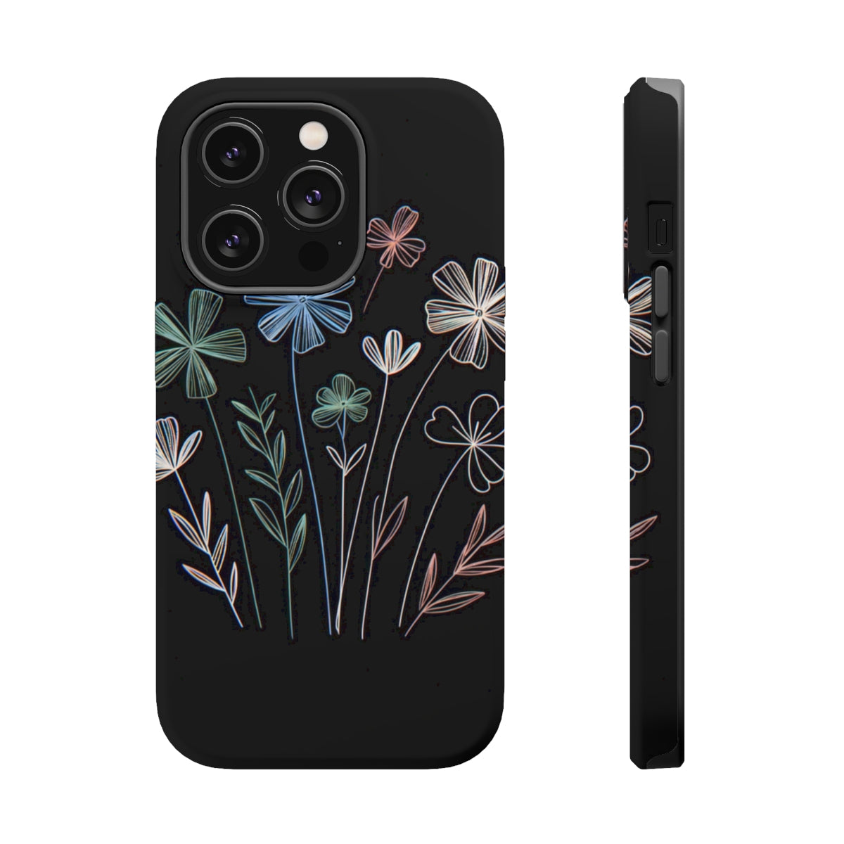 DistinctInk Tough Case for Apple iPhone, Compatible with MagSafe Charging - Vibrant Spring Blossoms on Dark Canvas