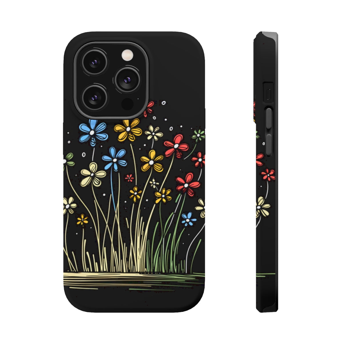 DistinctInk Tough Case for Apple iPhone, Compatible with MagSafe Charging - Bursting Life: Vibrant Cartoon Spring Flowers
