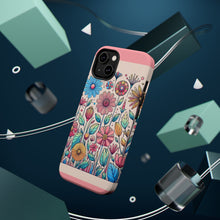 DistinctInk Tough Case for Apple iPhone, Compatible with MagSafe Charging - "Playful Cartoon Spring Flowers on Pink"