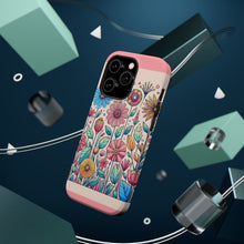 DistinctInk Tough Case for Apple iPhone, Compatible with MagSafe Charging - "Playful Cartoon Spring Flowers on Pink"