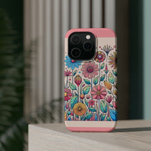 DistinctInk Tough Case for Apple iPhone, Compatible with MagSafe Charging - "Playful Cartoon Spring Flowers on Pink"