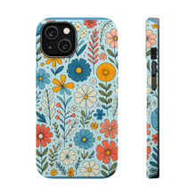 DistinctInk Tough Case for Apple iPhone, Compatible with MagSafe Charging - "Cartoon Spring Flowers Dance on Blue"