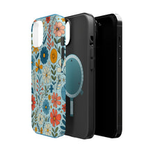 DistinctInk Tough Case for Apple iPhone, Compatible with MagSafe Charging - "Cartoon Spring Flowers Dance on Blue"