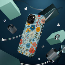 DistinctInk Tough Case for Apple iPhone, Compatible with MagSafe Charging - "Cartoon Spring Flowers Dance on Blue"
