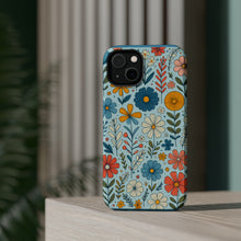 DistinctInk Tough Case for Apple iPhone, Compatible with MagSafe Charging - "Cartoon Spring Flowers Dance on Blue"