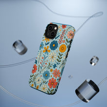DistinctInk Tough Case for Apple iPhone, Compatible with MagSafe Charging - "Cartoon Spring Flowers Dance on Blue"