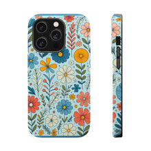 DistinctInk Tough Case for Apple iPhone, Compatible with MagSafe Charging - "Cartoon Spring Flowers Dance on Blue"