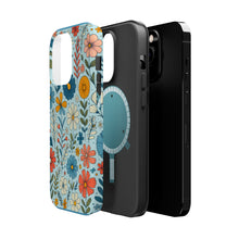 DistinctInk Tough Case for Apple iPhone, Compatible with MagSafe Charging - "Cartoon Spring Flowers Dance on Blue"