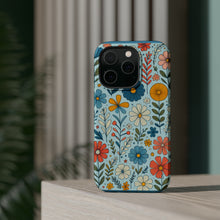 DistinctInk Tough Case for Apple iPhone, Compatible with MagSafe Charging - "Cartoon Spring Flowers Dance on Blue"