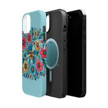 DistinctInk Tough Case for Apple iPhone, Compatible with MagSafe Charging - "Minimalist Cartoon Spring Flowers on Blue"