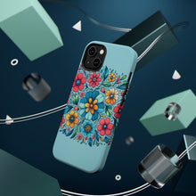 DistinctInk Tough Case for Apple iPhone, Compatible with MagSafe Charging - "Minimalist Cartoon Spring Flowers on Blue"
