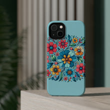 DistinctInk Tough Case for Apple iPhone, Compatible with MagSafe Charging - "Minimalist Cartoon Spring Flowers on Blue"