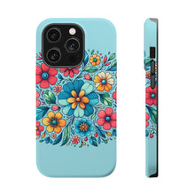 DistinctInk Tough Case for Apple iPhone, Compatible with MagSafe Charging - "Minimalist Cartoon Spring Flowers on Blue"