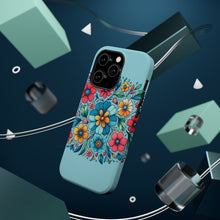 DistinctInk Tough Case for Apple iPhone, Compatible with MagSafe Charging - "Minimalist Cartoon Spring Flowers on Blue"
